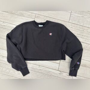 Champion Reverse Weave Cropped Sweatshirt Womens S Small‎ Washed Black LS LOGO